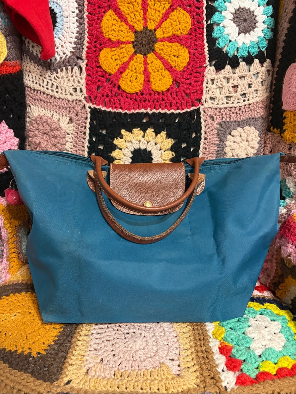 Longchamp Teal Nylon Tote with Brown Leather Trim